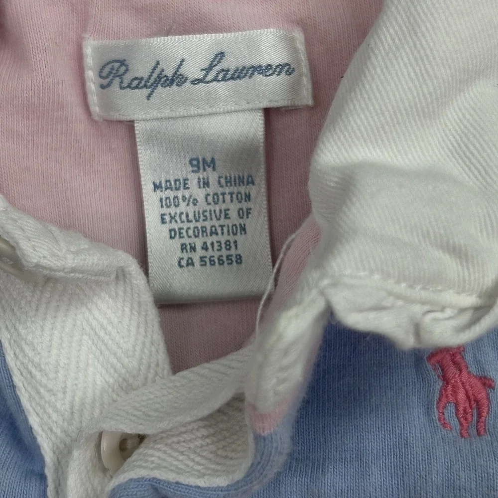 Ralph Lauren Baby Girl Romper 9M Pink Blue Striped Long Sleeve